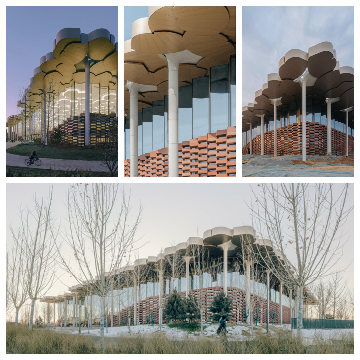 A close-up image of LOPO’s terracotta panels in brick-red and sandy beige, highlighting the texture, color, and precision craftsmanship used in the Beijing City Library’s facade design.