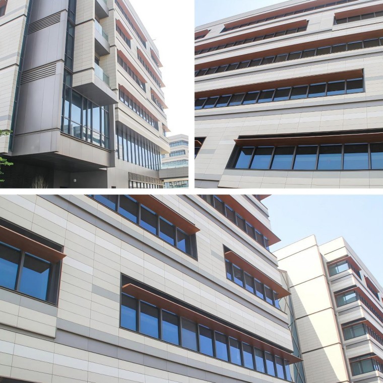 Architectural model detailing the tripartite sections and terracotta cladding integration