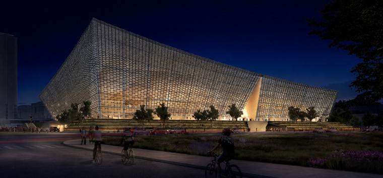 Architectural ceramic fins on the night facade of Nanchang Poly Grand Theatre