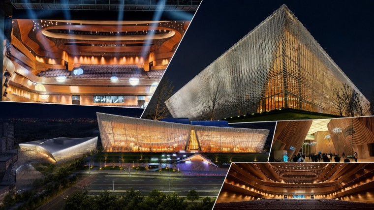 Nanchang Poly Grand Theatre exterior ceramic screen and warm interior material study