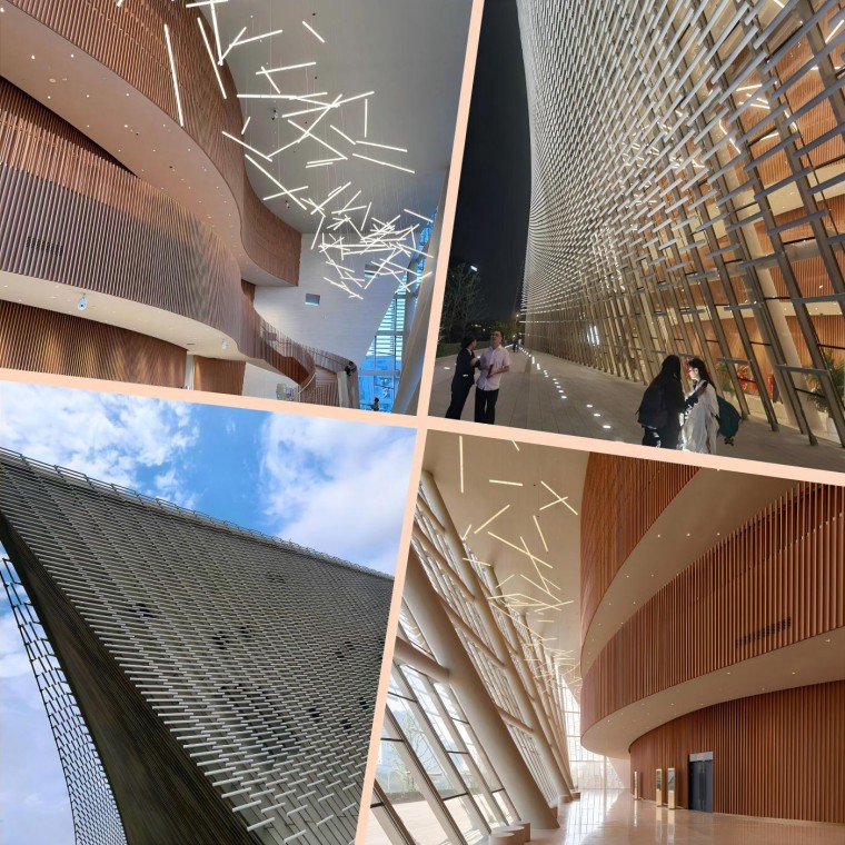Nanchang Poly Grand Theatre ceramic facade and warm interior design collage
